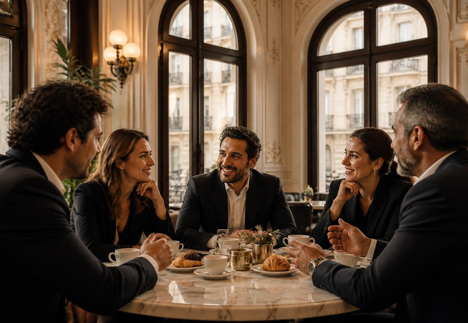 Executivos em conversa em um café parisiense pela manhã