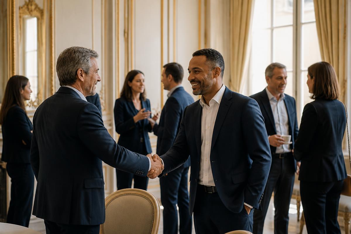 Gestores conversando em um salão de inspiração francesa